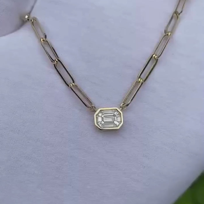Paperclip Emerald Cut Pendant Necklace in 18K Yellow Gold
