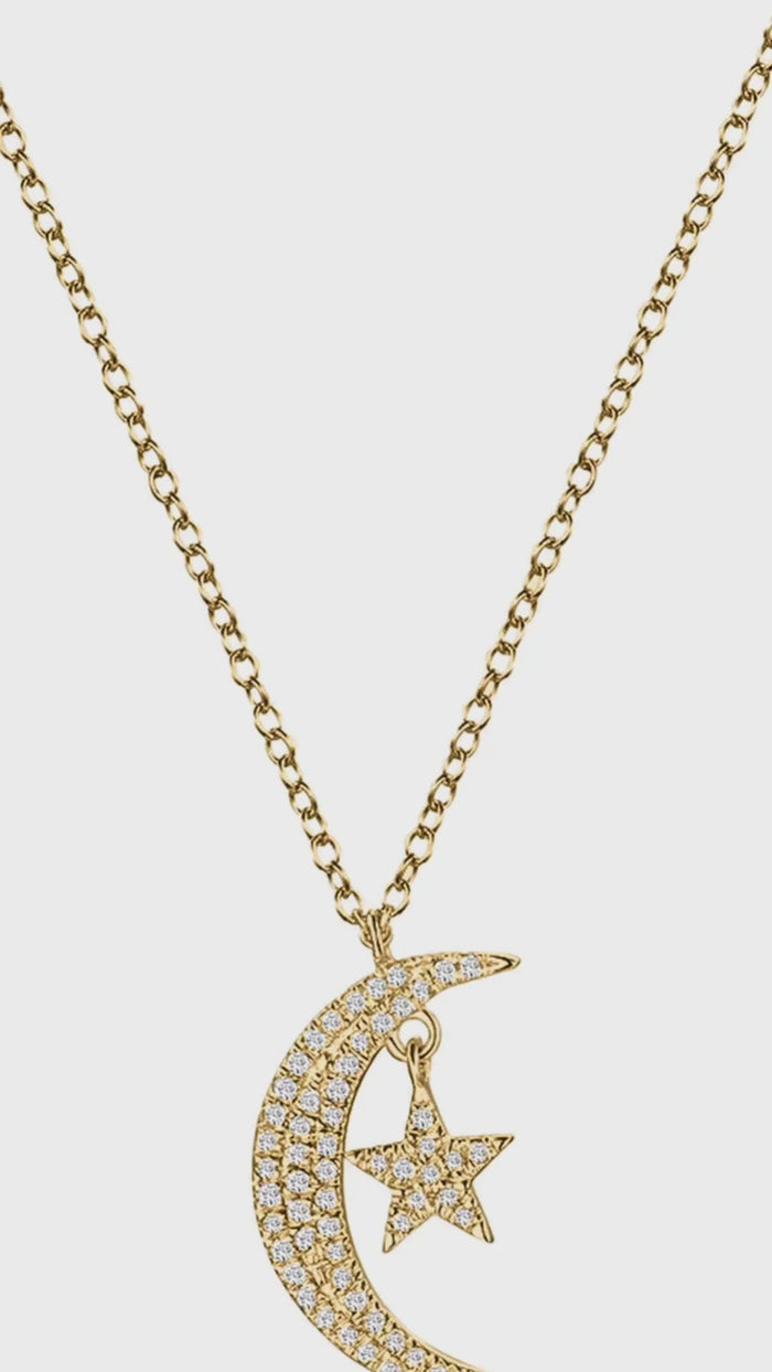 Diamond Crescent Moon Star Necklace in 14K Yellow Gold