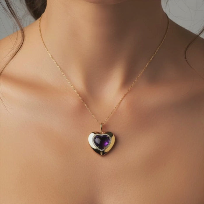 Amethyst Heart 14K (or 18k upon request) Yellow Gold Cabochon Pendant Necklace