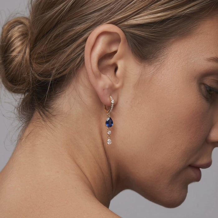 Celeste Pear 14K (or 18k upon request) Yellow Gold Blue Sapphire Diamond Drop Earrings