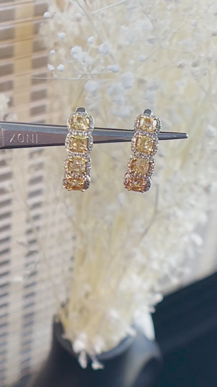 Cushion Cut 18K Yellow Diamond Huggie Hoop Earrings