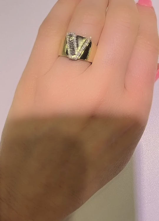 V Initial Baguette Diamond Cigar Ring