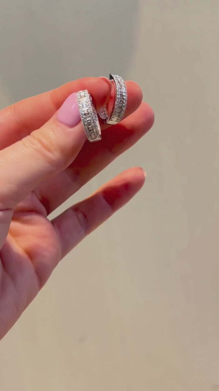 Pave Baguette Diamond Huggie Hoop Earrings in 14K White Gold