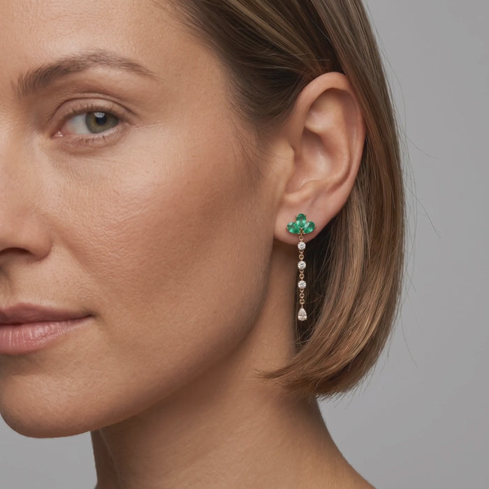 Emerald Diamond Jewel Cluster Drop Earrings in 14K Yellow Gold