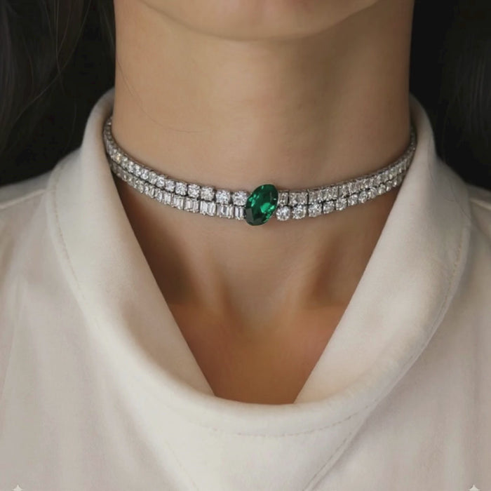 Oval Emerald Diamond Choker Necklace in 18K White Gold