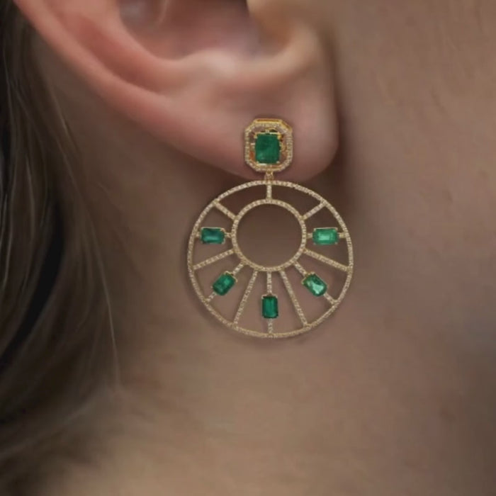 Emerald Diamond Sunburst Statement Earring in 14K Yellow Gold