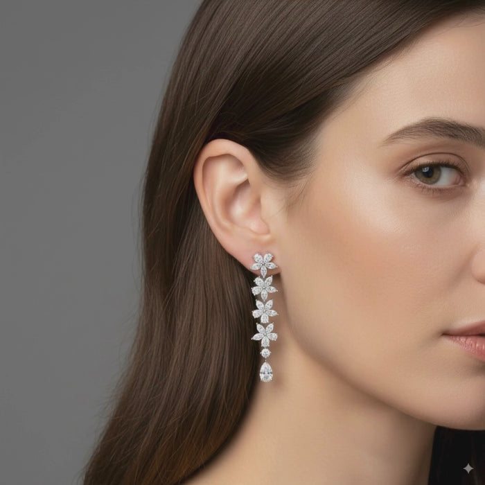 Flowers Petal Diamond Drop Earrings in 18K White Gold