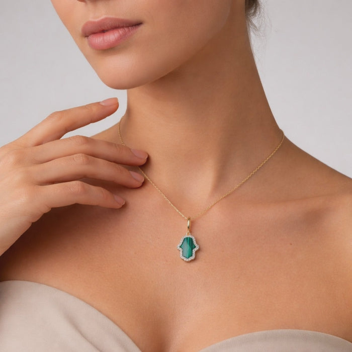 Malachite Hamsa Pendant Diamond Necklace in 14K Yellow Gold
