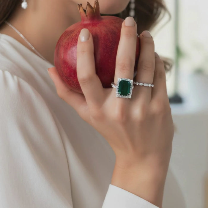 Majestic Emerald Cut Green Gemstone Ring in 18K White Gold