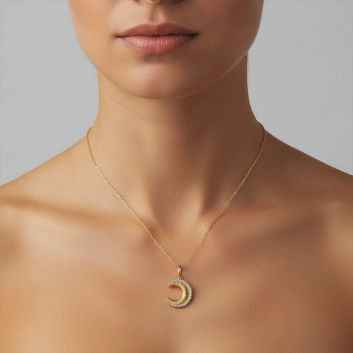 Diamond Edge Moon Charm Pendant Necklace in 14K Yellow Gold