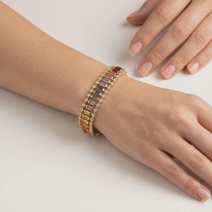 Radiant Multicolor Sapphire & Diamond Tennis Bracelet in 14K Yellow Gold