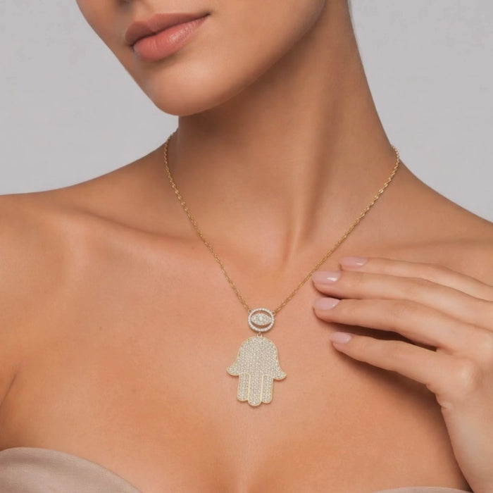 Pretty Round Diamond Hamsa Eye Necklace in 14K Gold