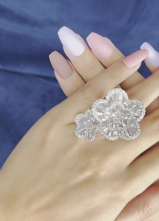 Diamond Double Flower Cocktail Ring in 18K White Gold