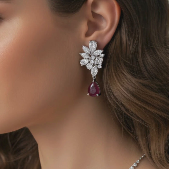 Floral Cluster Diamond Ruby Drop Earrings in 18K White Gold
