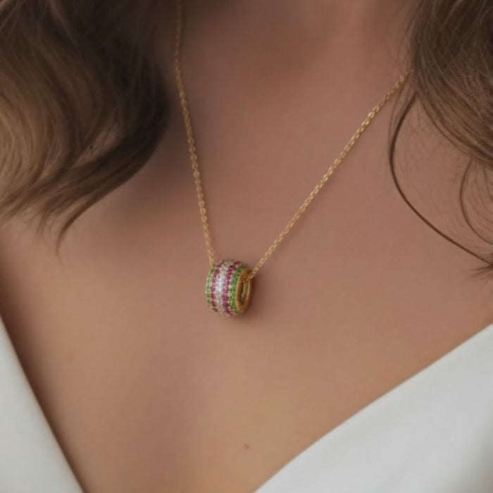 Multicolor Gemstone Pavé Barrel Pendant Necklace in 14K Yellow Gold