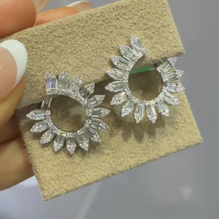 Sunburst Baguette Marquise Diamond Earrings in 14K White Gold