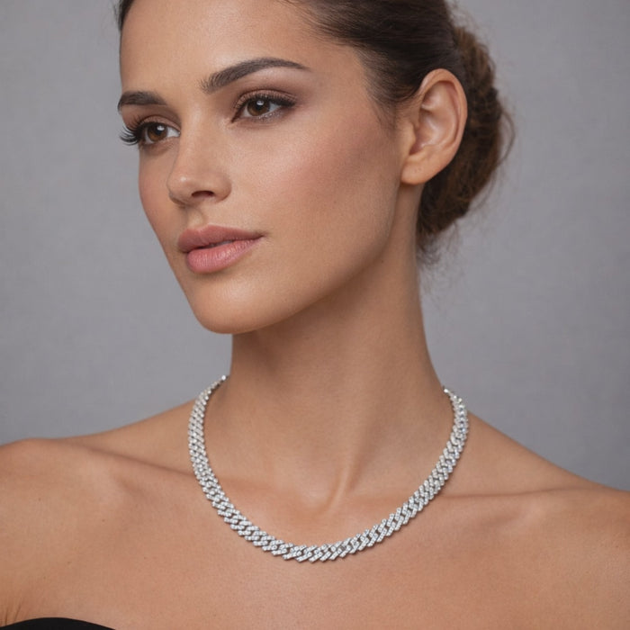 Round Diamond Cuban Link Necklace in 14K White Gold