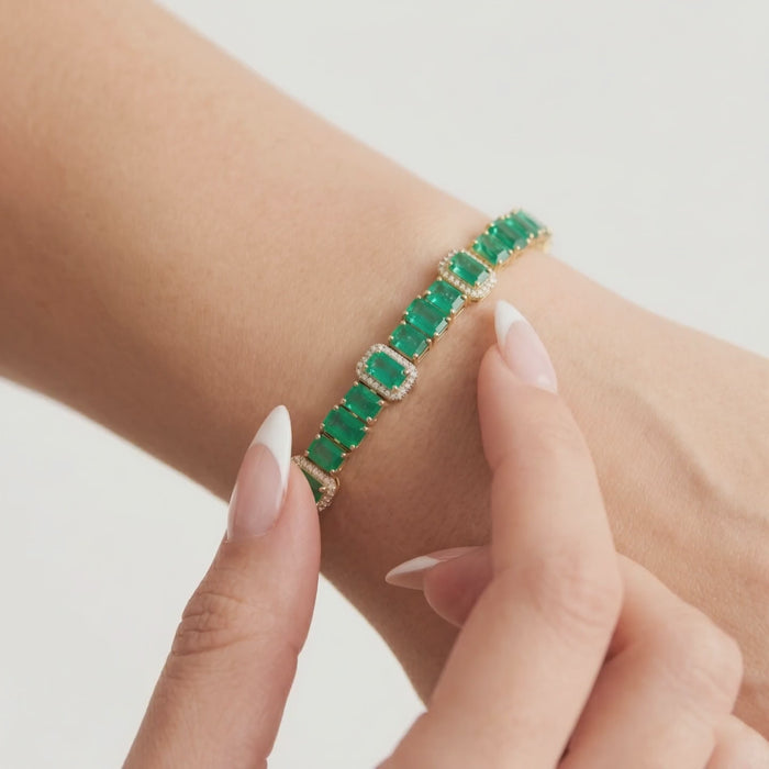 Emerald Diamond Pink Sapphire Tennis Bracelet in 14K Yellow Gold