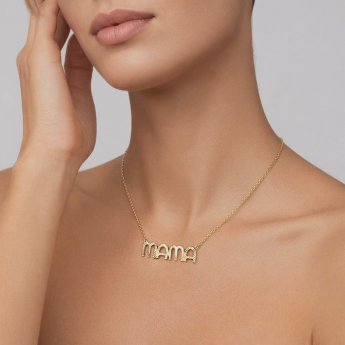 Textured 25Mm Letter Mama Necklace in 14K Yellow Gold