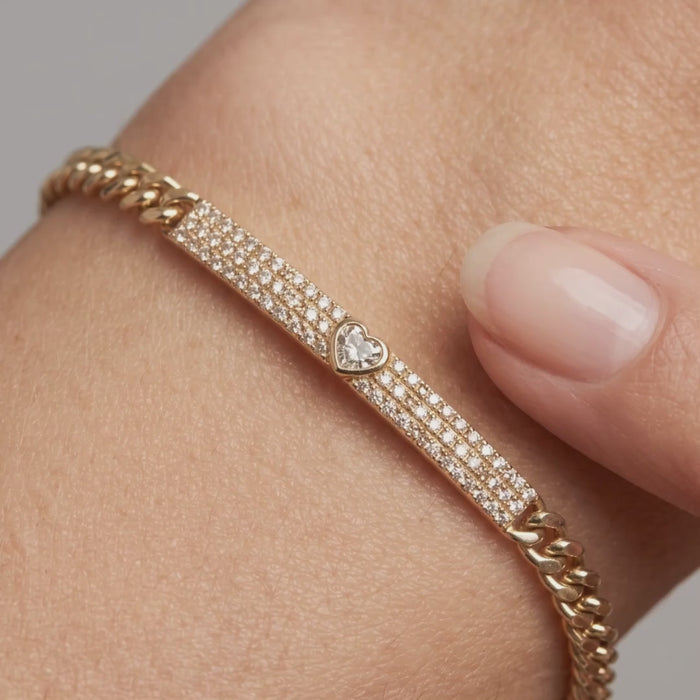 Diamond Heart Bar Curb Chain Bracelet in 14K Gold
