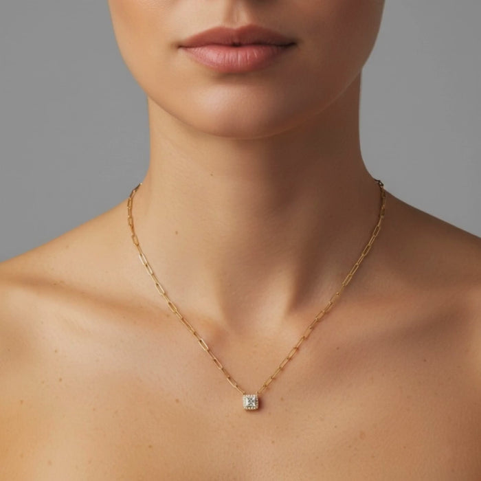 Paperclip Cushion Cut Diamond Pendant Chain Necklace in 14K Gold