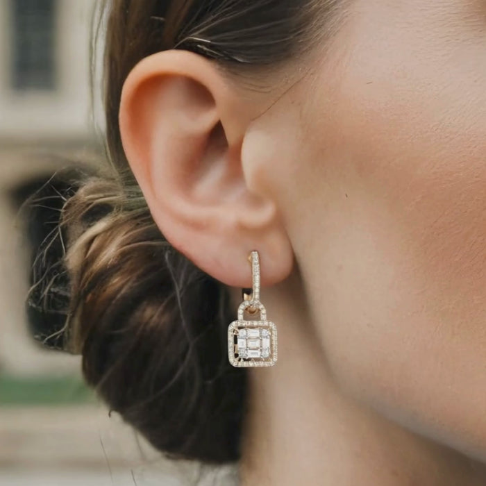 Diamond Lock Charm Hoop Earrings in 14K Yellow Gold