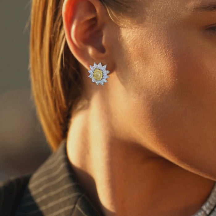 Sunflower Yellow & White Stud Earrings in 14K White Gold