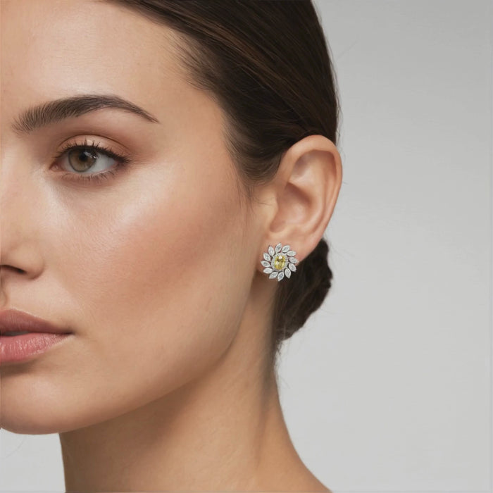 Floral Diamond 14K Yellow Centre White Marquise Earrings