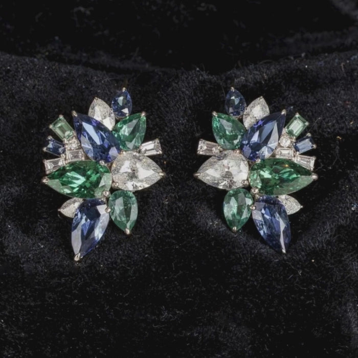 Multicolor Sapphire & Diamond 14K White Gold Floral Stud Earrings