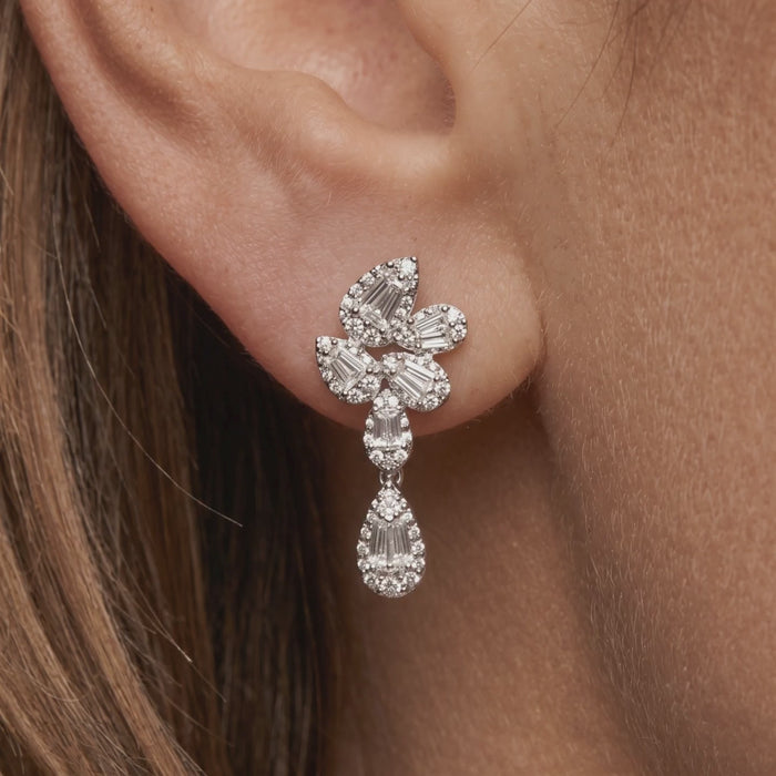 Cluster Baguette Drop Earrings in 14K White Gold