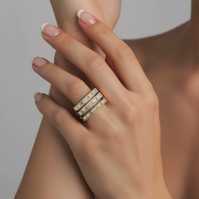 Bold Band Three Row Baguette Diamond Ring in 14K Yellow Gold