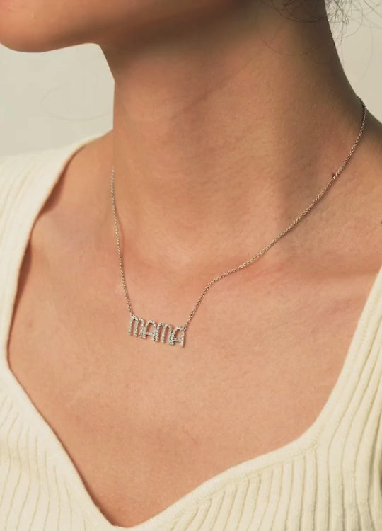 Stylish Round Diamond Mama Letter Necklace in 14K White Gold