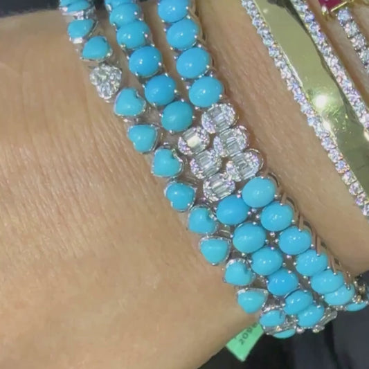 Turquoise Heart & Diamond Tennis Bracelet in 14K White Gold