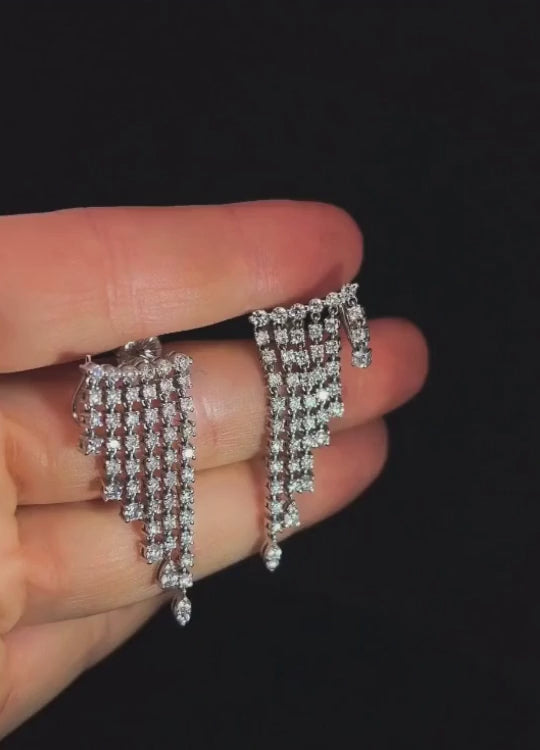 Multi Row White Sqaue 14K Diamond Dangling Earrings