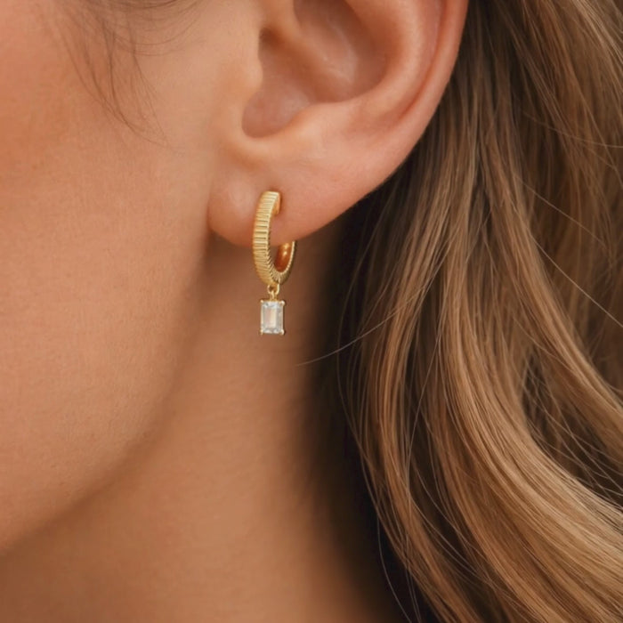 Emerald Cut Drop Charm Huggie Earrings in 14K Yellow Gold