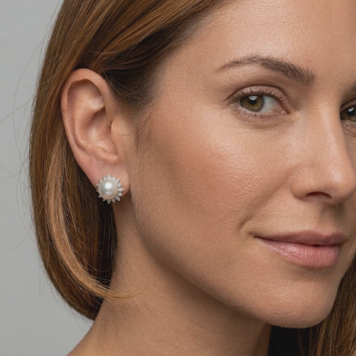 Pearl Halo 14K White Gold Statement Diamond Earrings