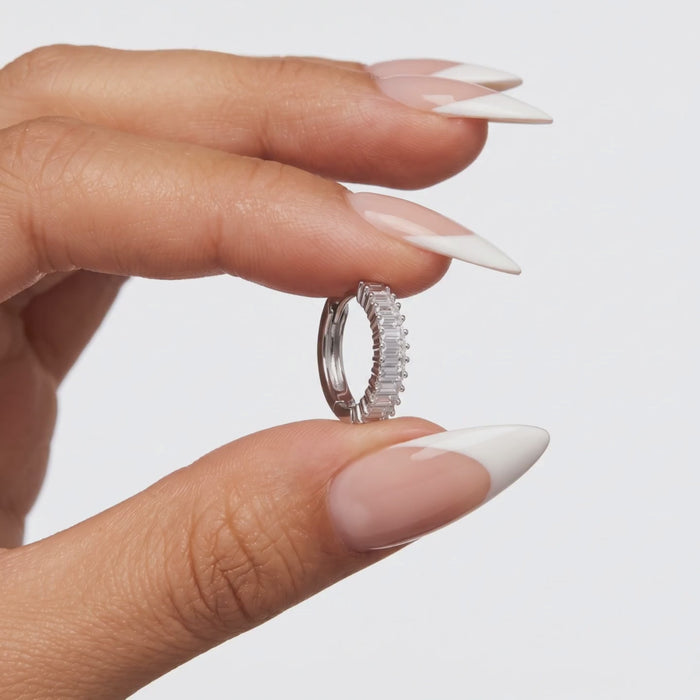 Baguette Diamond Pave Huggie Earrings in 14K White Gold