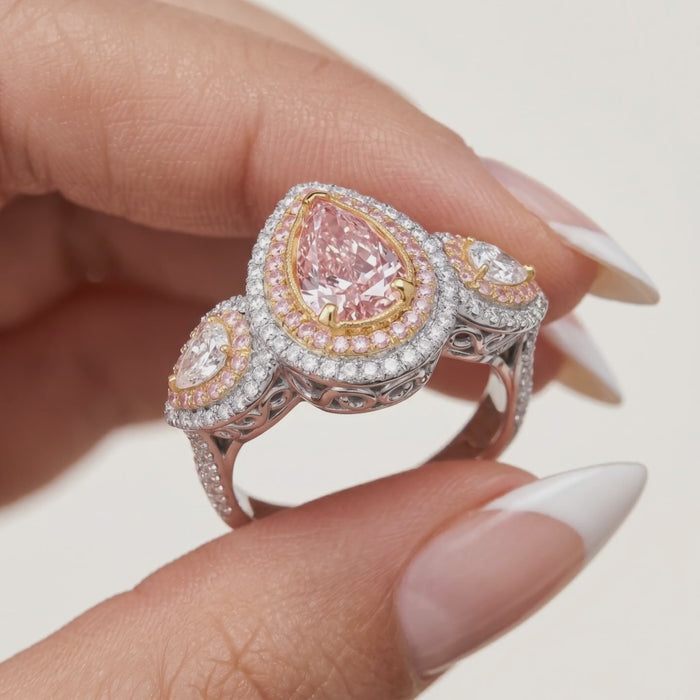 Pink Pear Shaped Halo Diamond Engagement Ring in 18K Gold