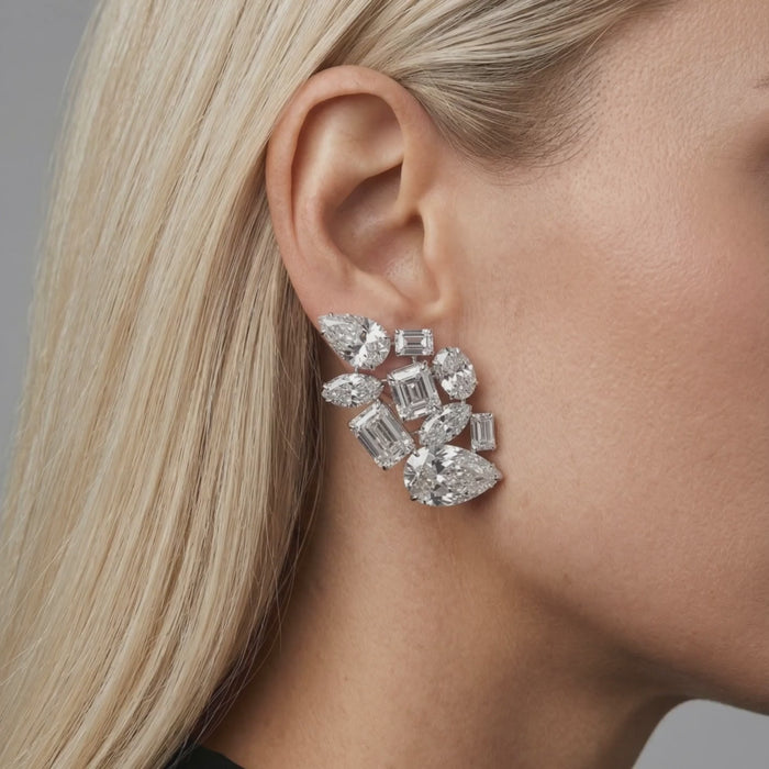 Magnificent Statement Diamond Cluster 14K White Gold Earrings