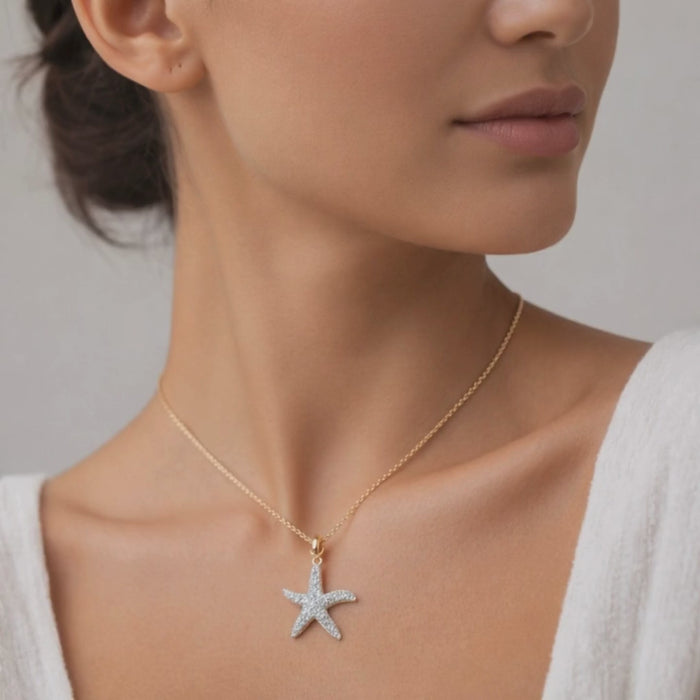 Diamond Starfish Charm Pendant Necklace in 14K Yellow Gold