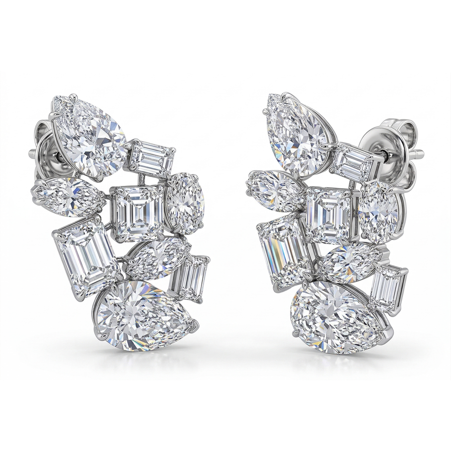 Magnificent Statement Diamond Cluster 14K White Gold Earrings