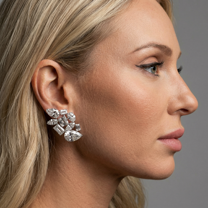 Magnificent Statement Diamond Cluster 14K White Gold Earrings