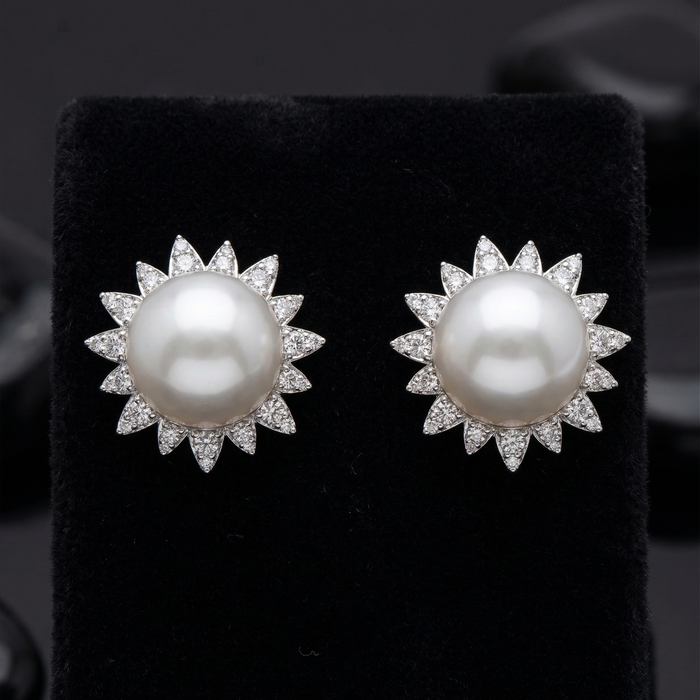 Pearl Halo 14K White Gold Statement Diamond Earrings