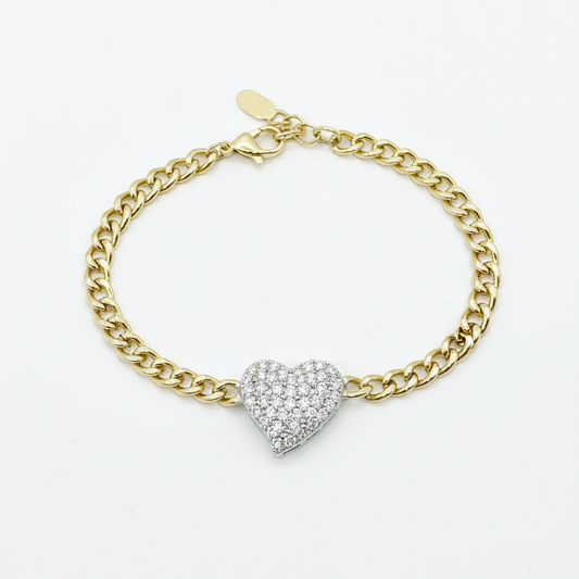 Pave Heart Link Chain Diamond Bracelet in 14K Yellow Gold