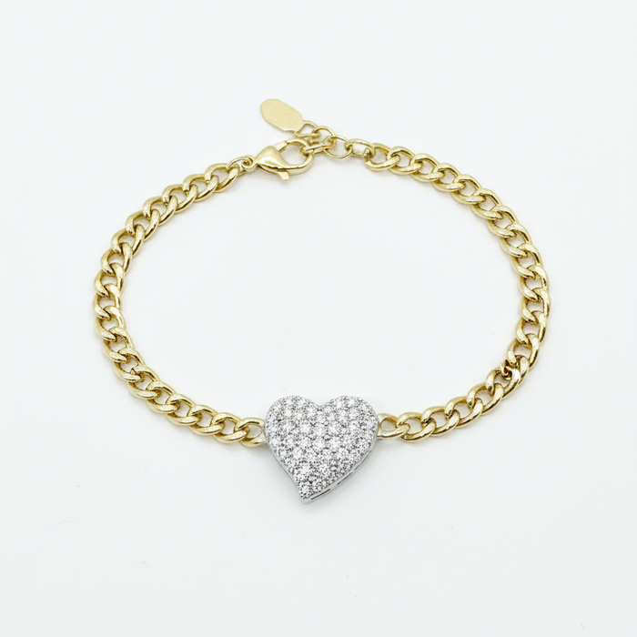 Pave Heart Link Chain Diamond Bracelet in 14K Yellow Gold