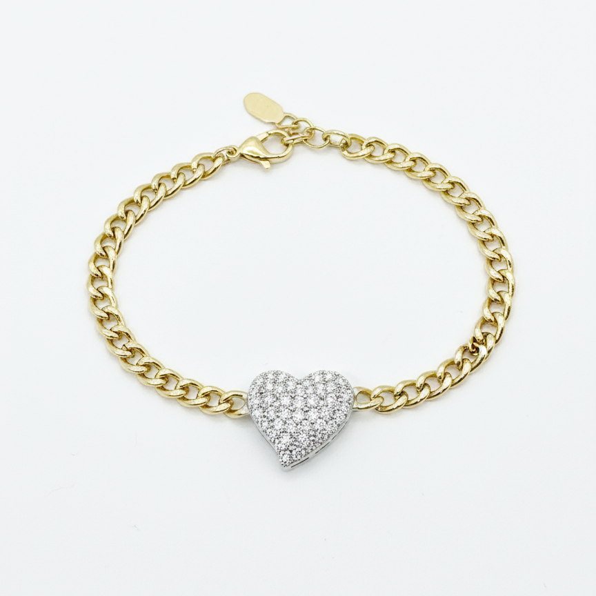 Pave Heart Link Chain Diamond Bracelet in 14K Yellow Gold