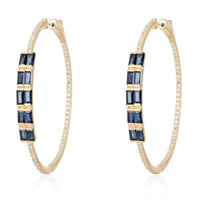 Blue Baguette Pave Diamonds Hoop Earrings in 14K Gold