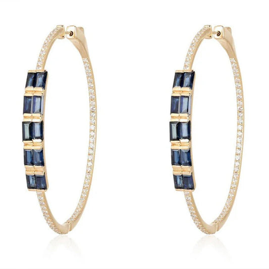 Blue Baguette Pave Diamonds Hoop Earrings in 14K Gold