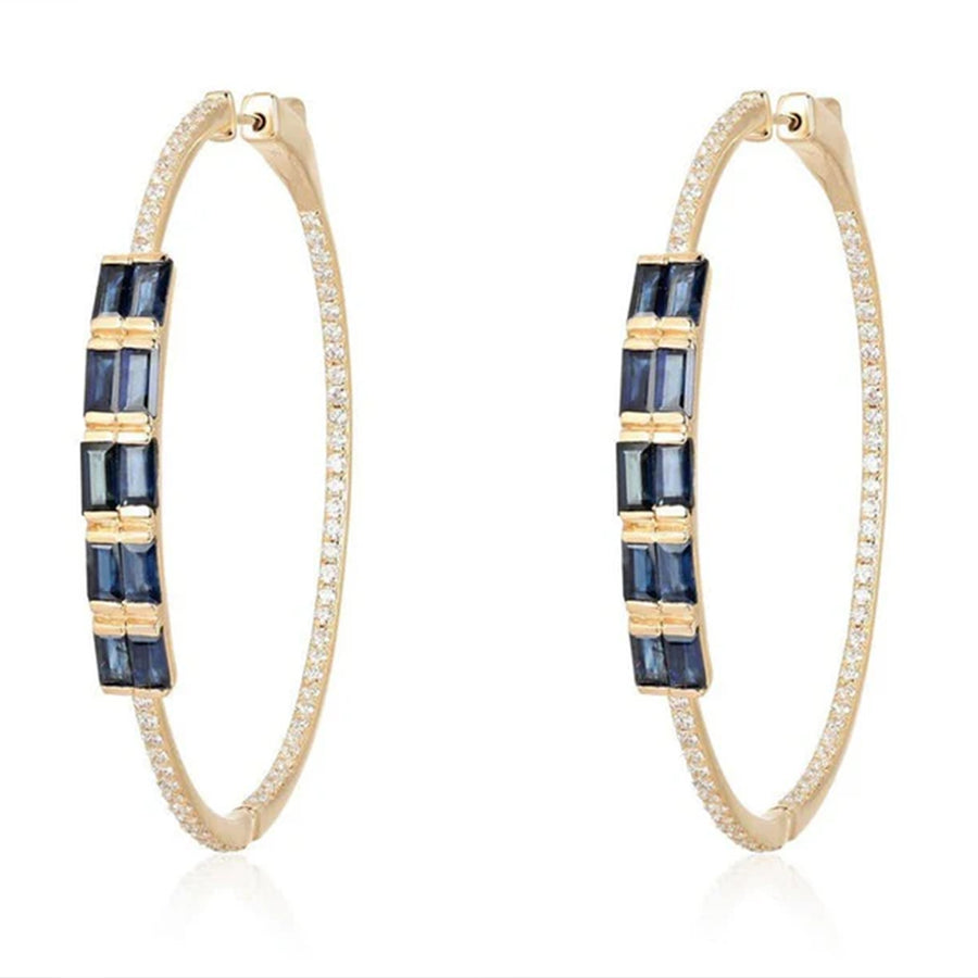 Blue Baguette Pave Diamonds Hoop Earrings in 14K Gold