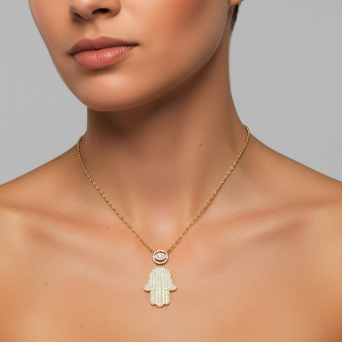 Pretty Round Diamond Hamsa Eye Necklace in 14K Gold
